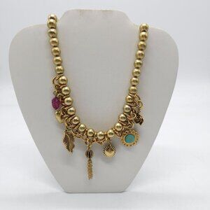 JESSICA SIMPSON Gold Tone Bead Heart Flower Feather Tassel Charm 19" Necklace